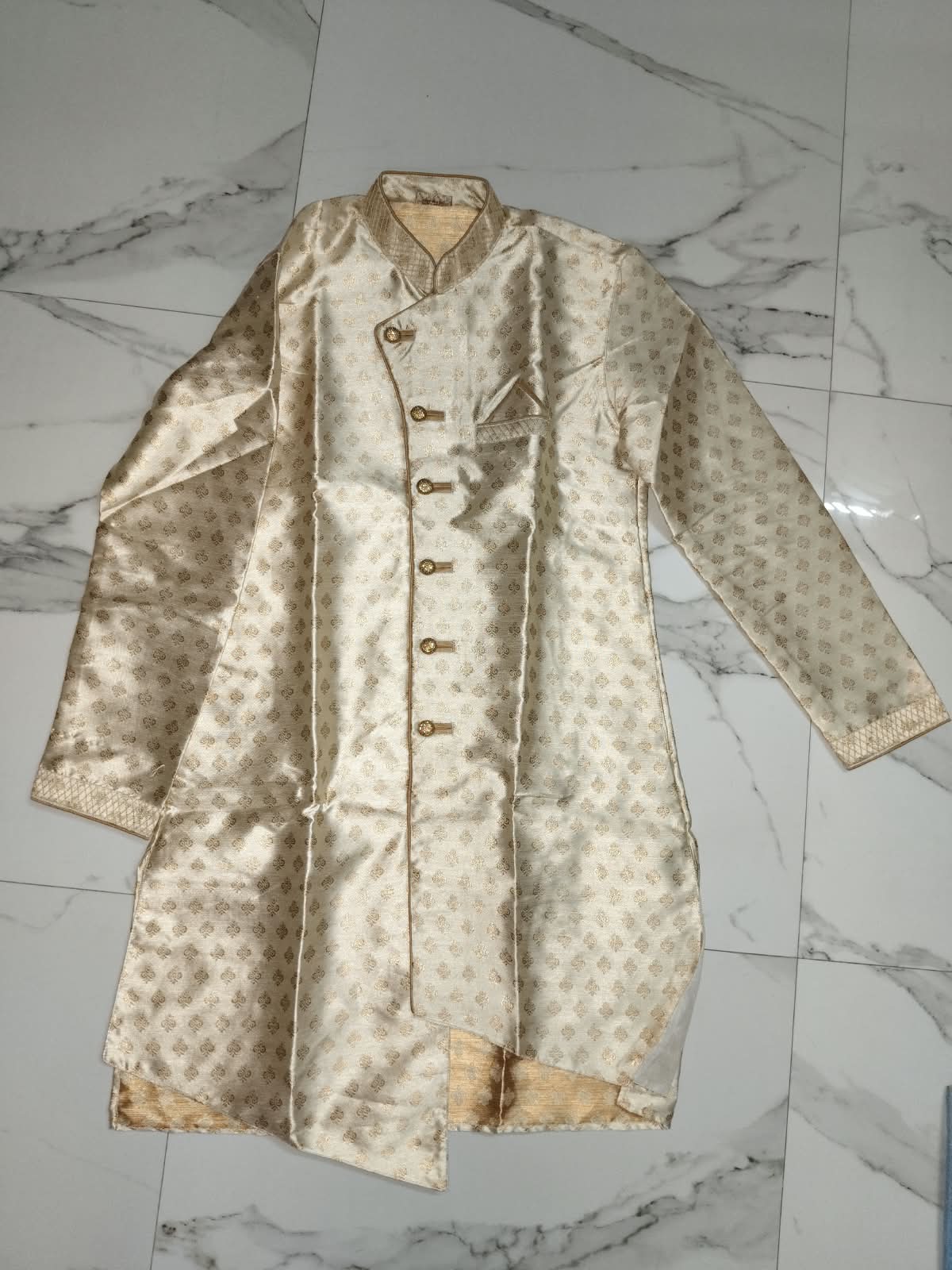 Elegant Cream & Gold Asymmetric Indo-Western Sherwani (Novelty Brand) — pre-loved Ethnic Wear on Slayyitt
