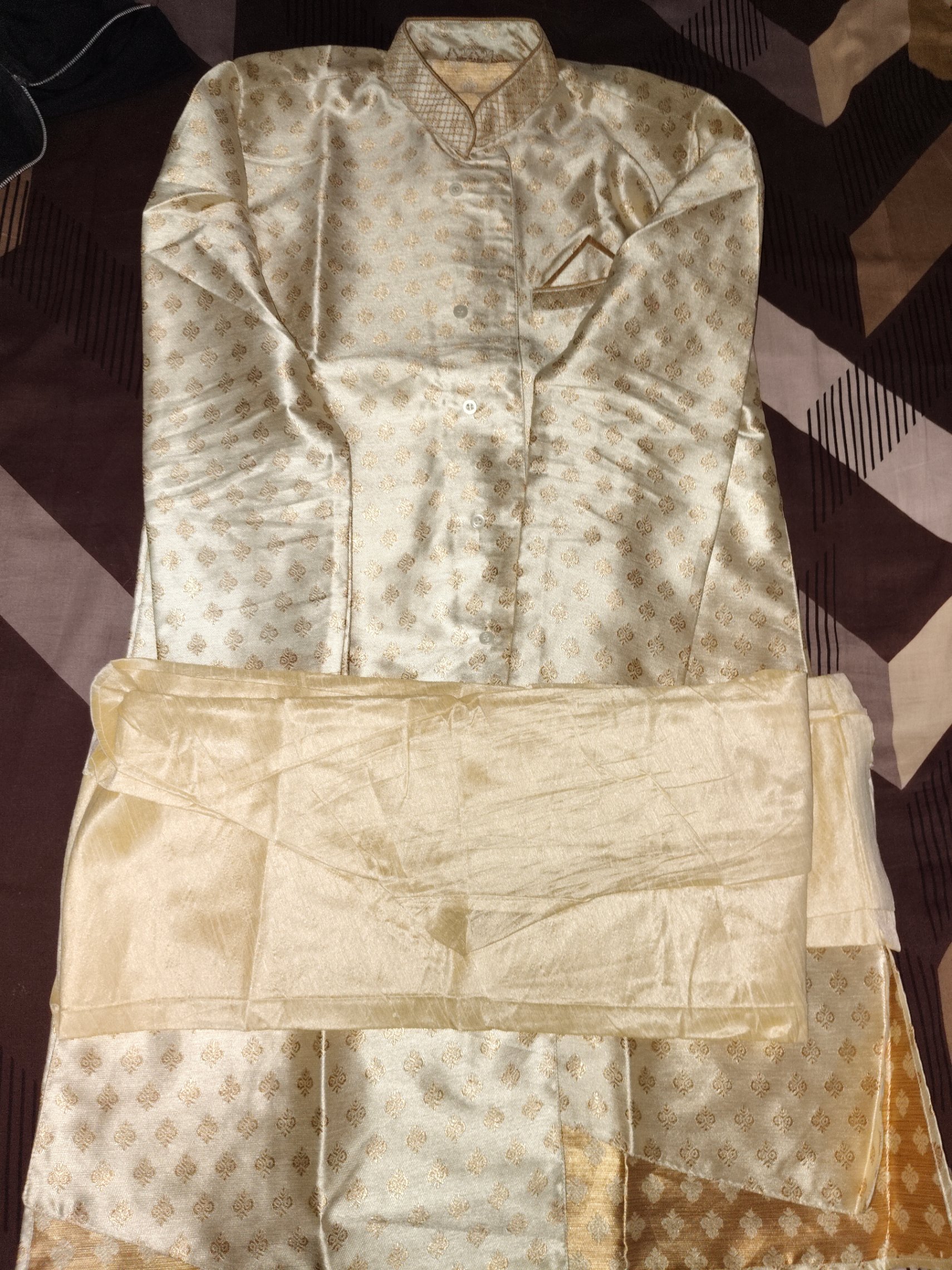 Elegant Cream & Gold Asymmetric Indo-Western Sherwani (Novelty Brand) — pre-loved Ethnic Wear on Slayyitt