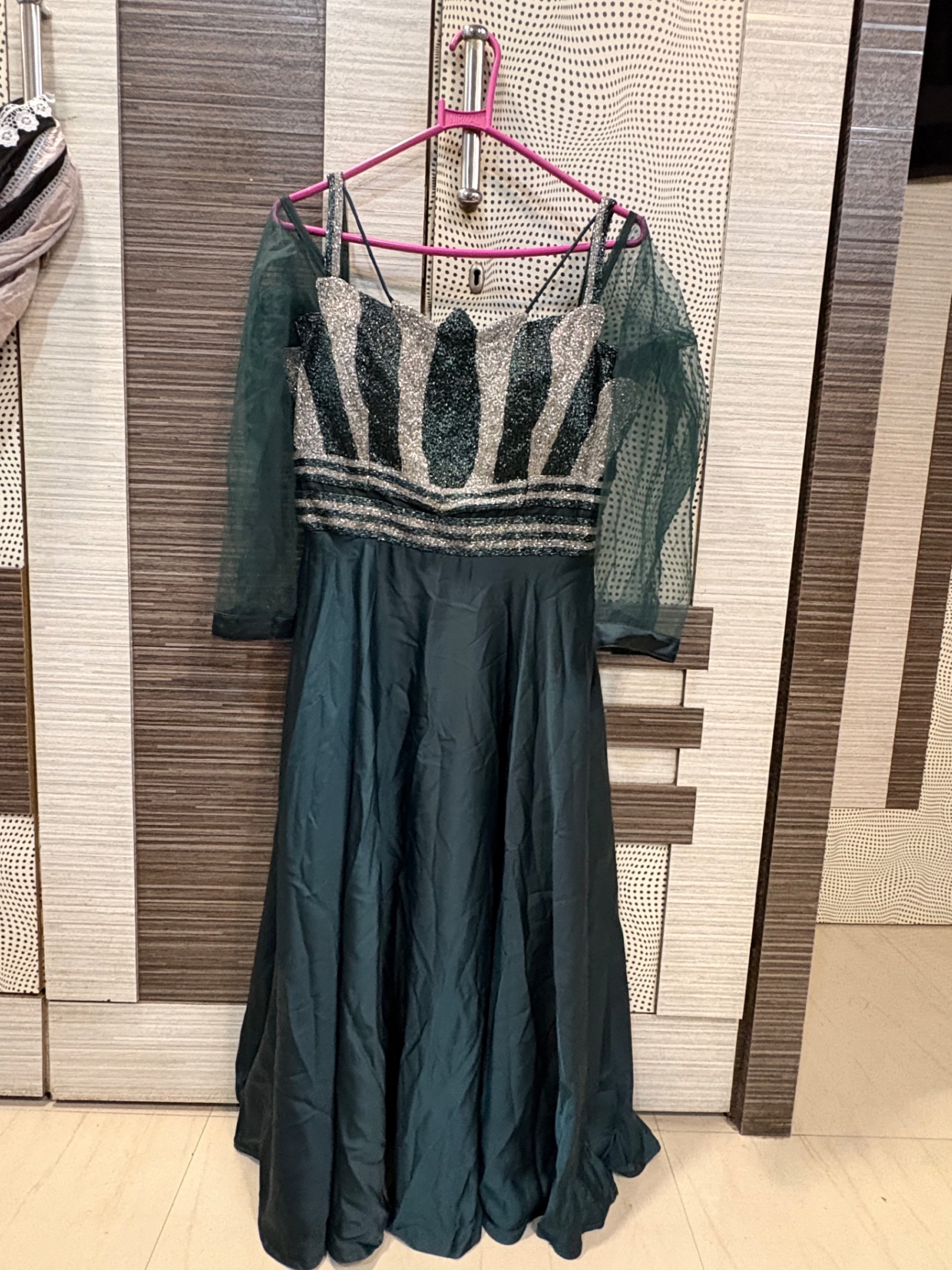 Off shoulder bottle green maxi with legging and net dupatta — pre-loved Indian Festival & Wedding Wear on Slayyitt