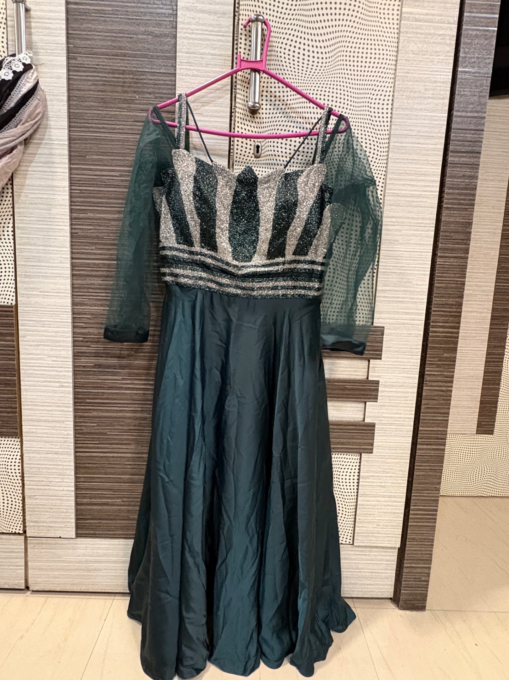 Off shoulder bottle green maxi with legging and net dupatta — pre-loved Indian Festival & Wedding Wear on Slayyitt
