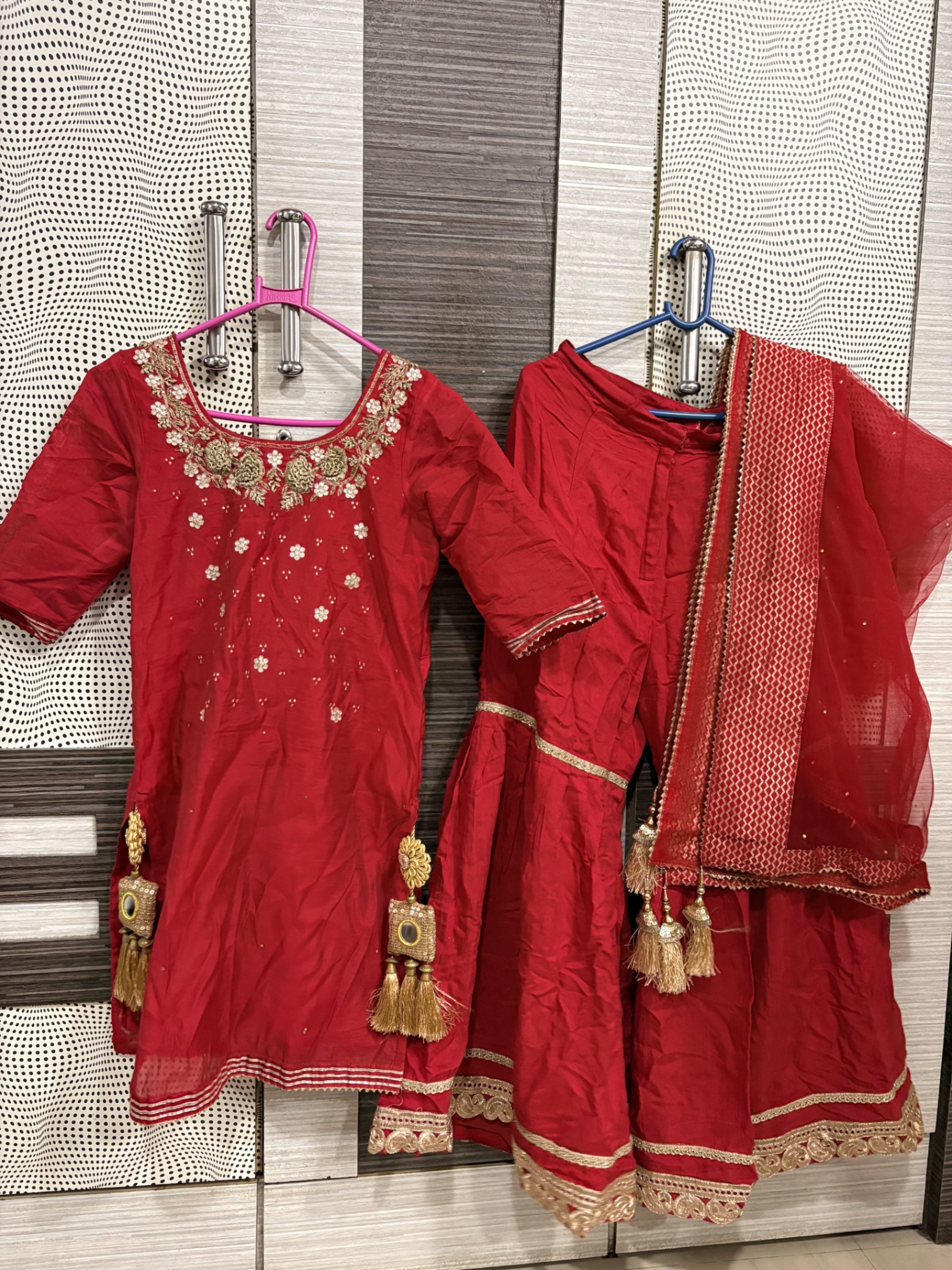 Red & golden gharara suit set with side chaak latkan — pre-loved Ethnic Wear on Slayyitt