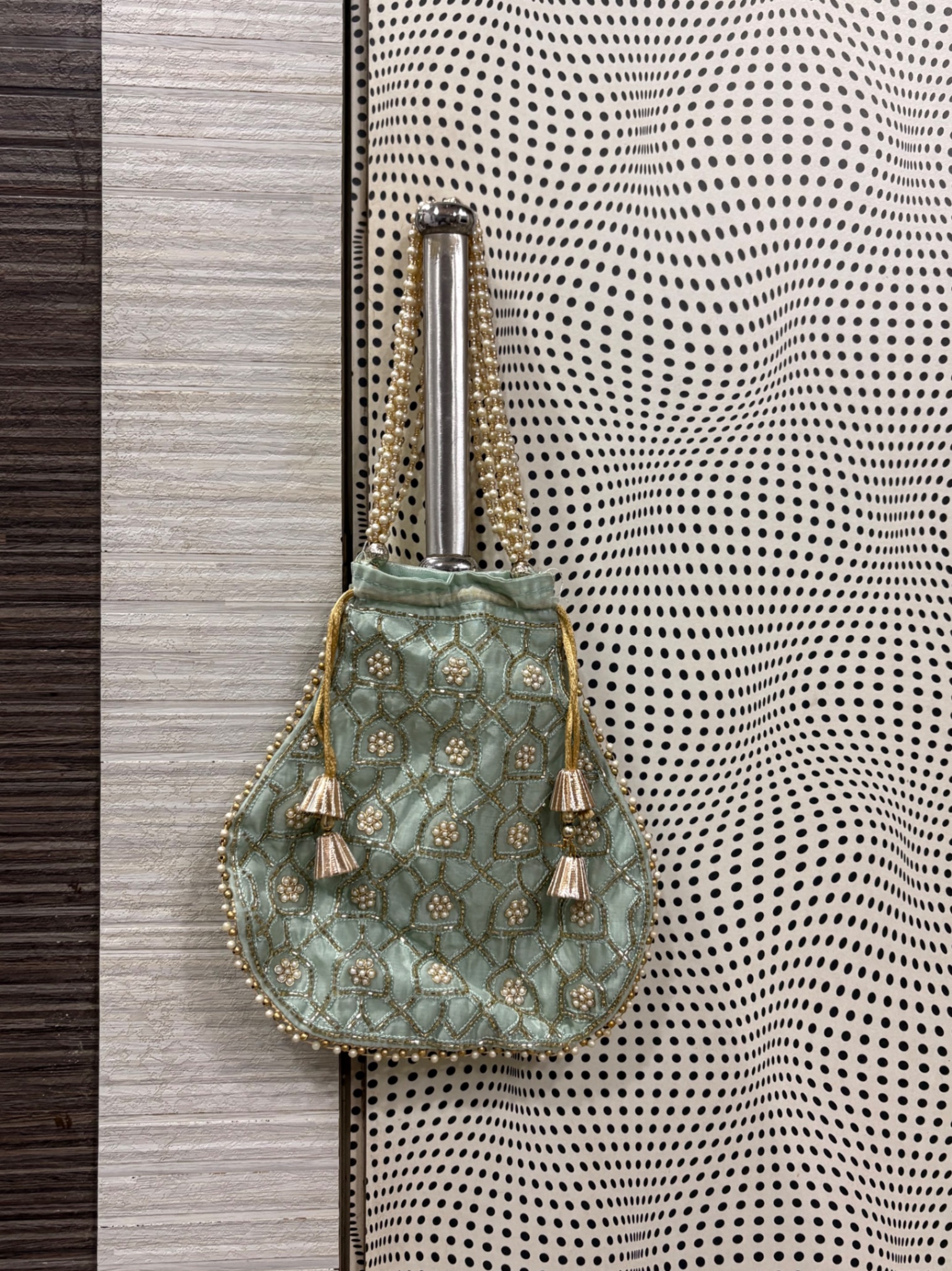 Sky blue ethnic potli with pearl embroidery work — pre-loved Accessories on Slayyitt