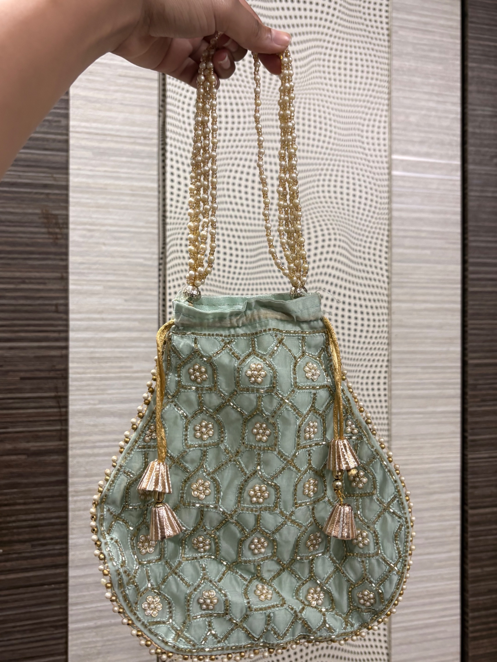 Sky blue ethnic potli with pearl embroidery work — pre-loved Accessories on Slayyitt
