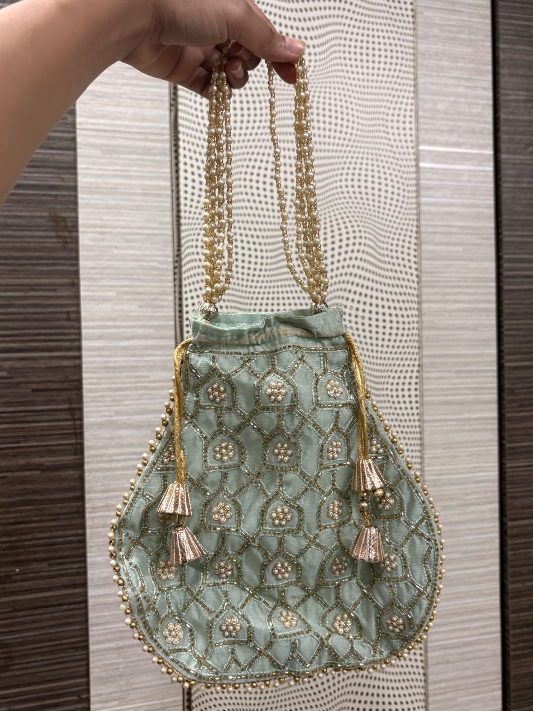 Sky blue ethnic potli with pearl embroidery work — pre-loved Accessories on Slayyitt