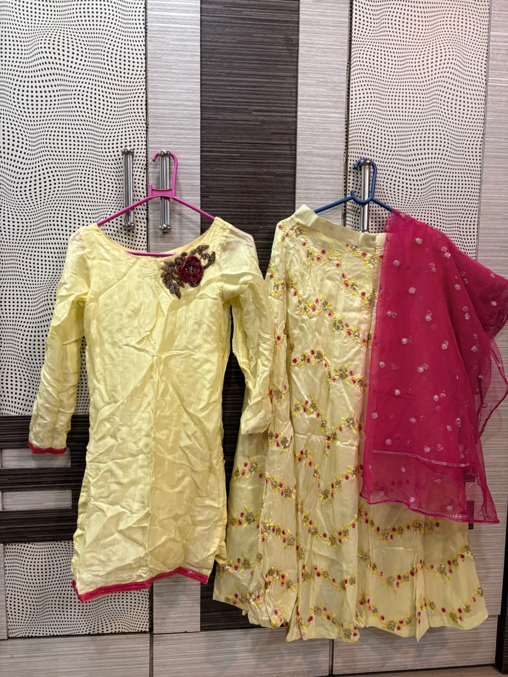 Yellow and hot pink kurta palazzo with embroidery — pre-loved Ethnic Wear on Slayyitt