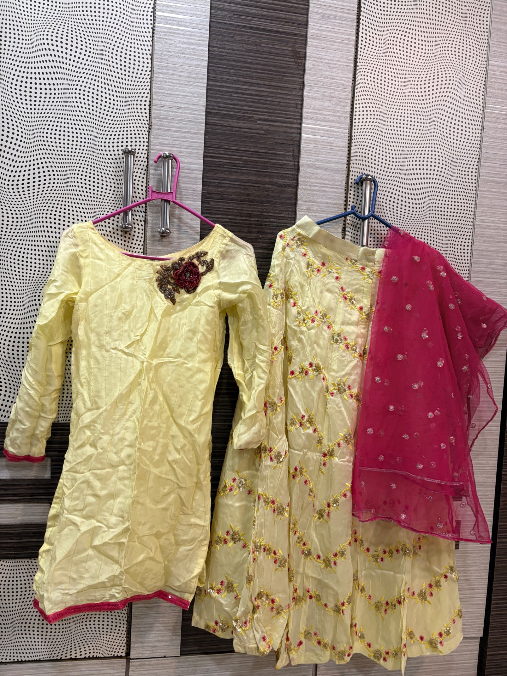 Yellow and hot pink kurta palazzo with embroidery — pre-loved Ethnic Wear on Slayyitt