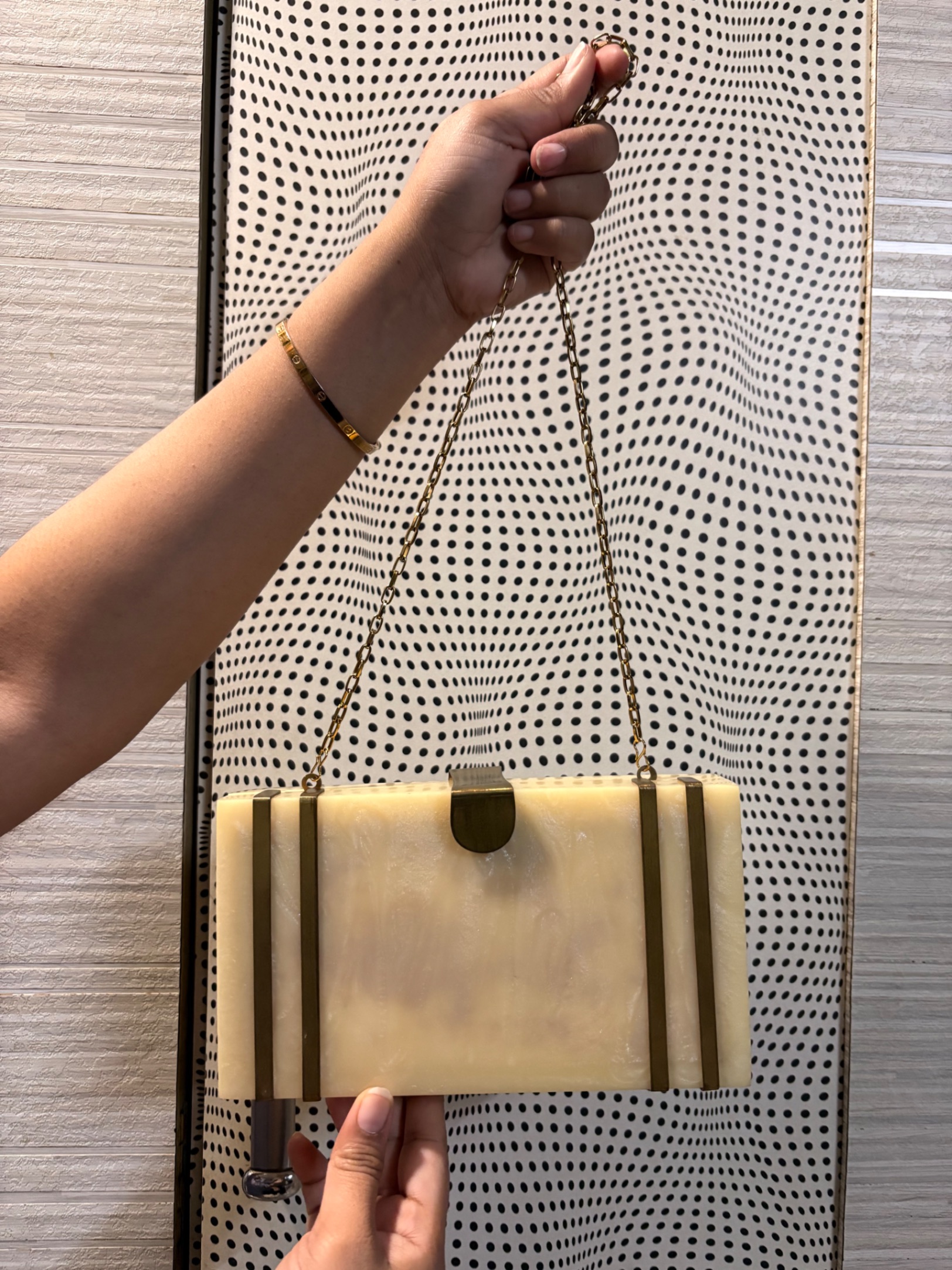Yellow with golden strips marble clutch — pre-loved Accessories on Slayyitt