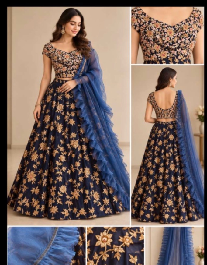 Navy Blue & Antique Gold Heavy Embroidered Lehenga | Pre-Loved — pre-loved Ethnic Wear on Slayyitt