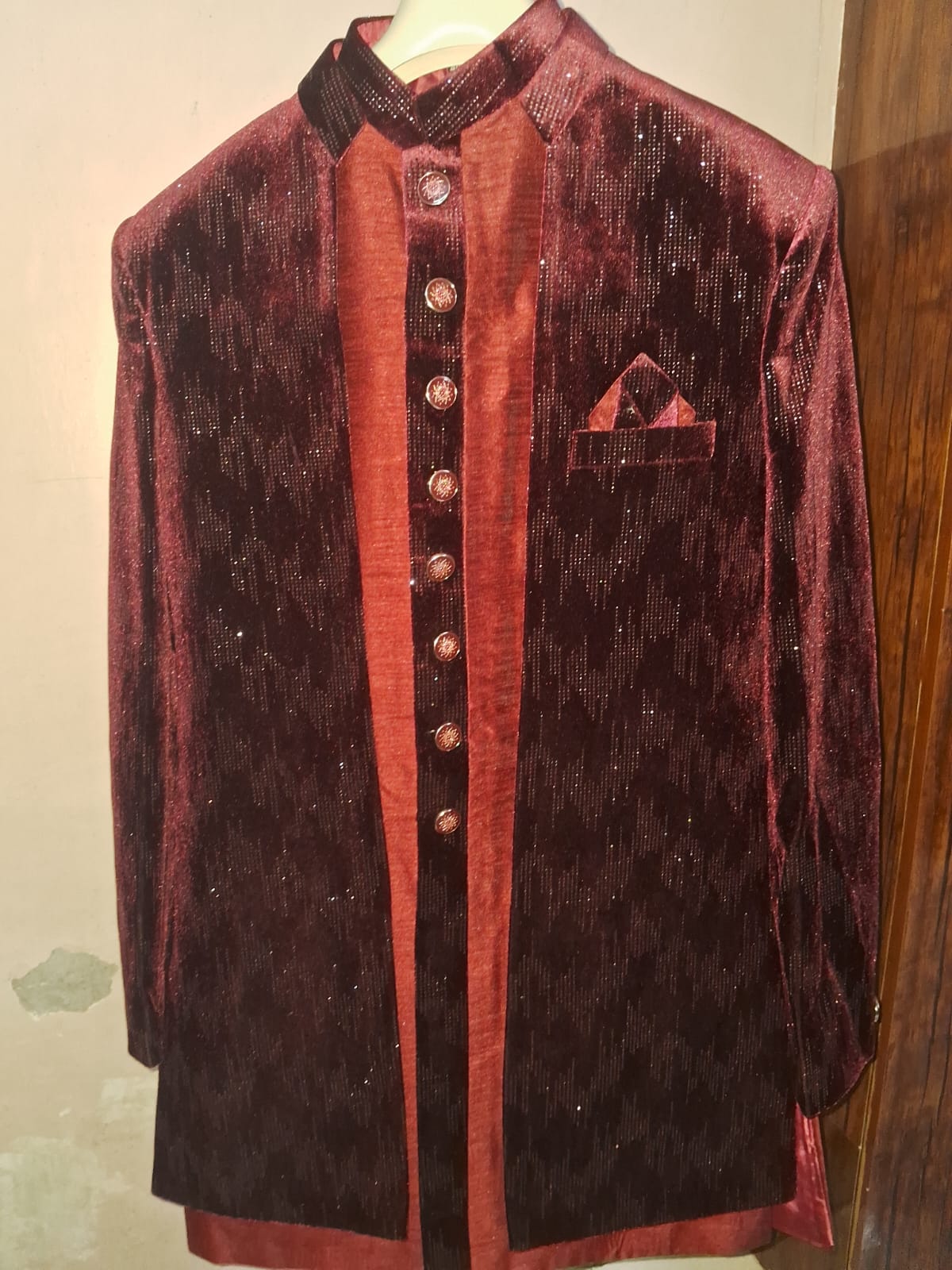 Premium Maroon Indo-Western Sherwani Set with Golden Trousers Size - M — pre-loved Ethnic Wear on Slayyitt