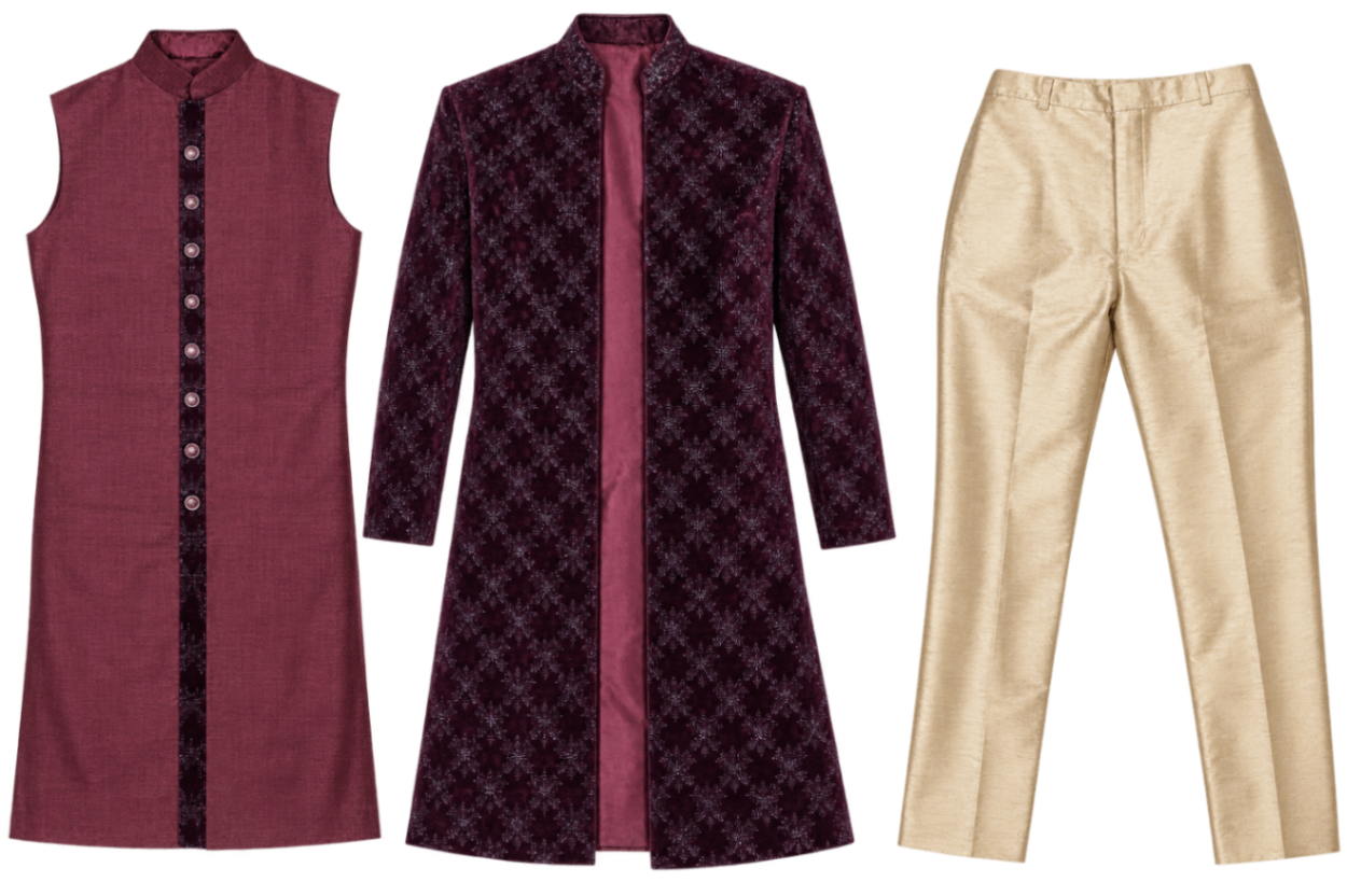 Premium Maroon Indo-Western Sherwani Set with Golden Trousers Size - M — pre-loved Ethnic Wear on Slayyitt