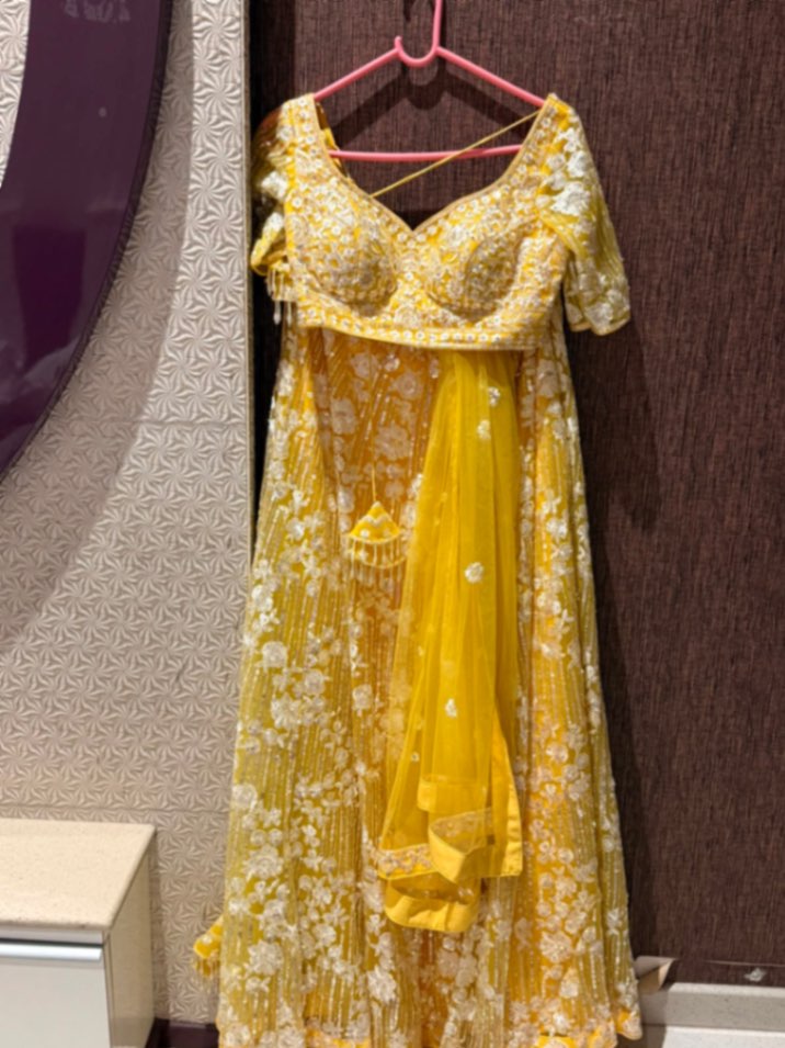 Meena Bazaar Mustard Embellished Lehenga – Brand New — pre-loved Ethnic Wear on Slayyitt