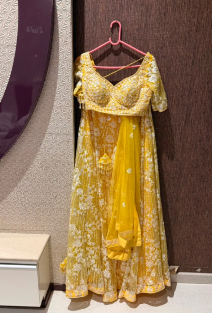Meena Bazaar Mustard Embellished Lehenga – Brand New — pre-loved Ethnic Wear on Slayyitt