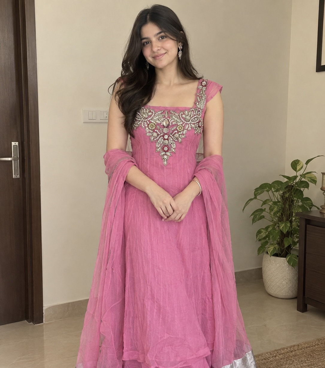 Pink Anarkali with salwar and dupatta — pre-loved Ethnic Wear on Slayyitt