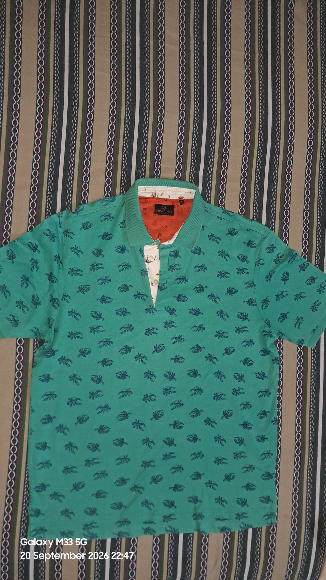 Simon Carter ( London) teal printed polo tshirt — pre-loved Tops on Slayyitt