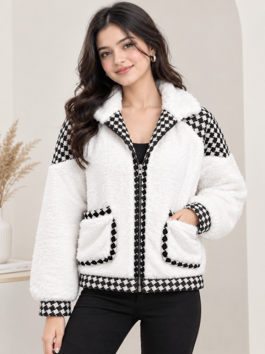 Cozy Fleece Winter Jacket with Black and White Check Detailing — pre-loved Seasonal Categories on Slayyitt