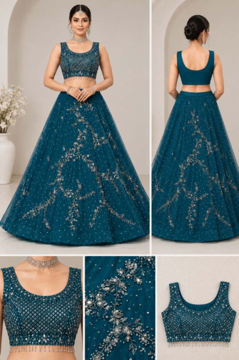 Women’s Teal Blue Embroidered Lehenga Choli Set — pre-loved Indian Festival & Wedding Wear on Slayyitt