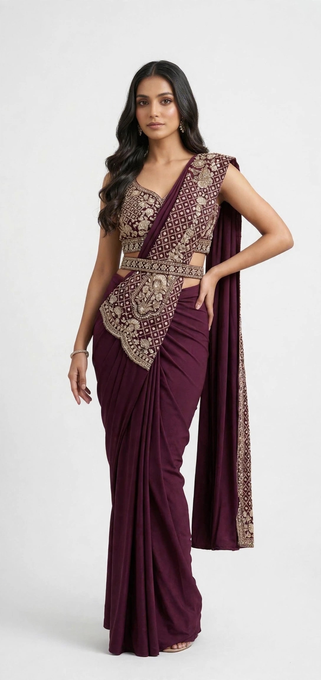 Wine embroidery pre- drapped belt saree with heavy zari designer blouse — pre-loved Indian Festival & Wedding Wear on Slayyitt