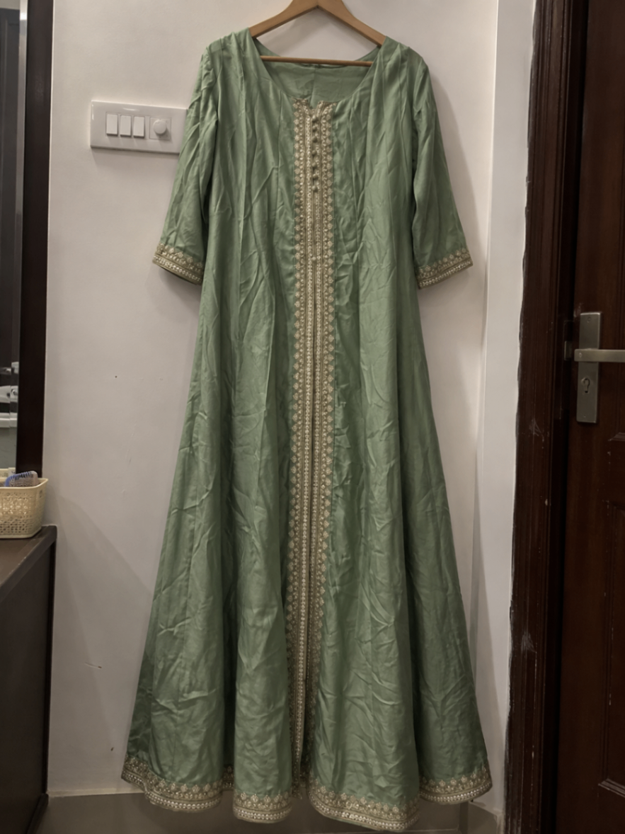 Sage Green Gold Embroidered Detailing Anarkali Suit Set with Pants — pre-loved Ethnic Wear on Slayyitt