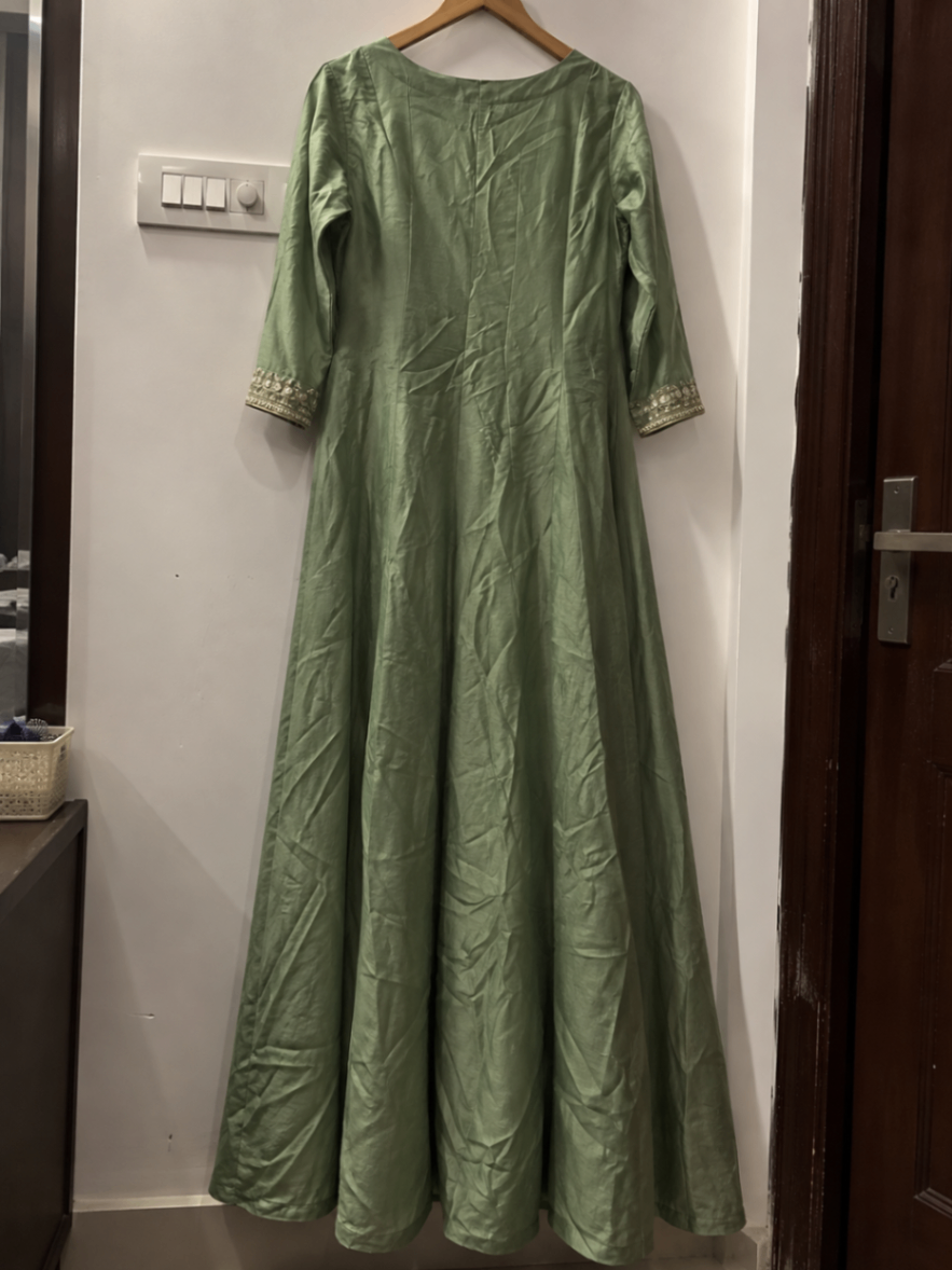 Sage Green Gold Embroidered Detailing Anarkali Suit Set with Pants — pre-loved Ethnic Wear on Slayyitt