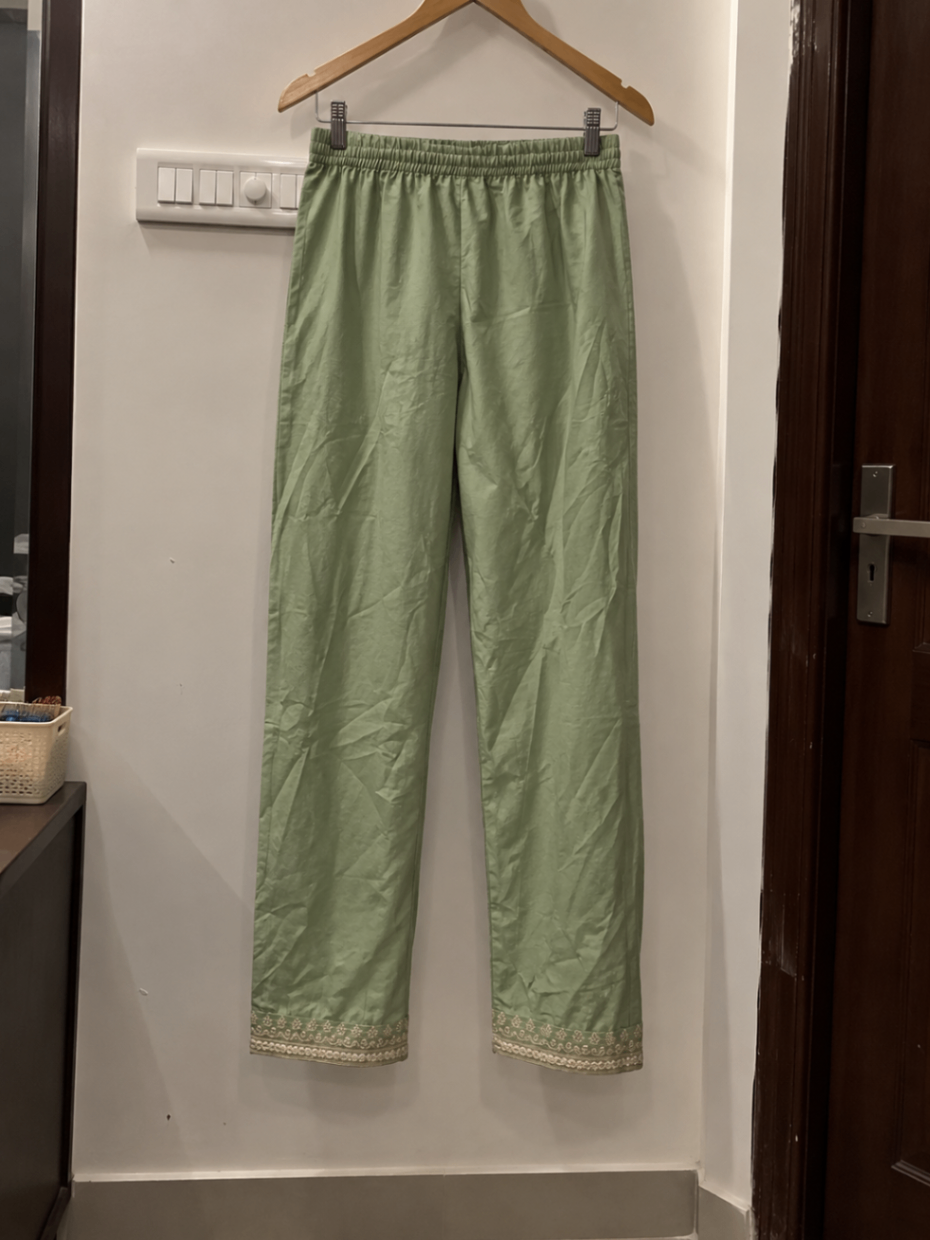 Sage Green Gold Embroidered Detailing Anarkali Suit Set with Pants — pre-loved Ethnic Wear on Slayyitt