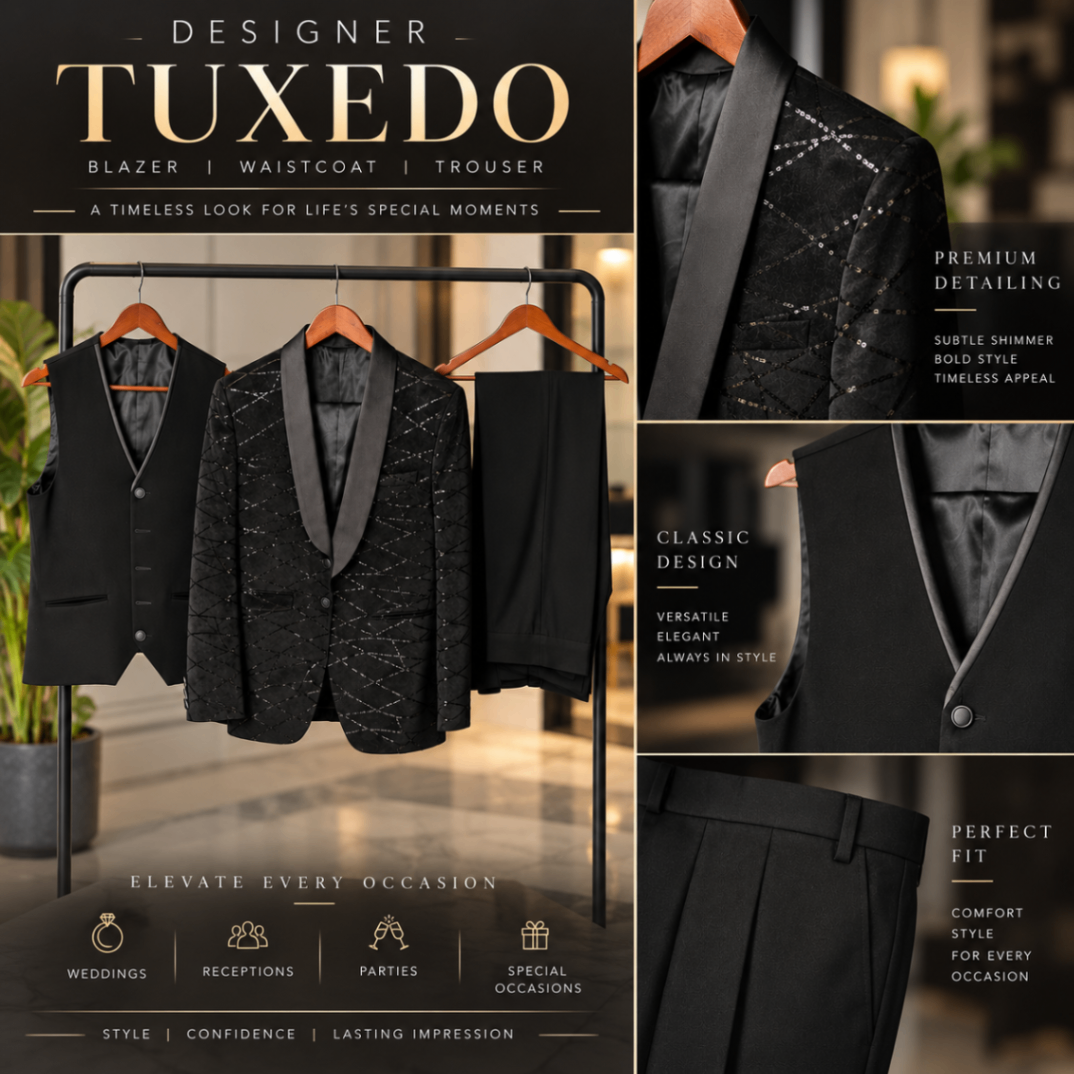 Black Designer Shimmer Tuxedo – 5-Piece Party Set Premium Custom-Designed | Worn Only Once | Size L | Like New — pre-loved Indian Festival & Wedding Wear on Slayyitt