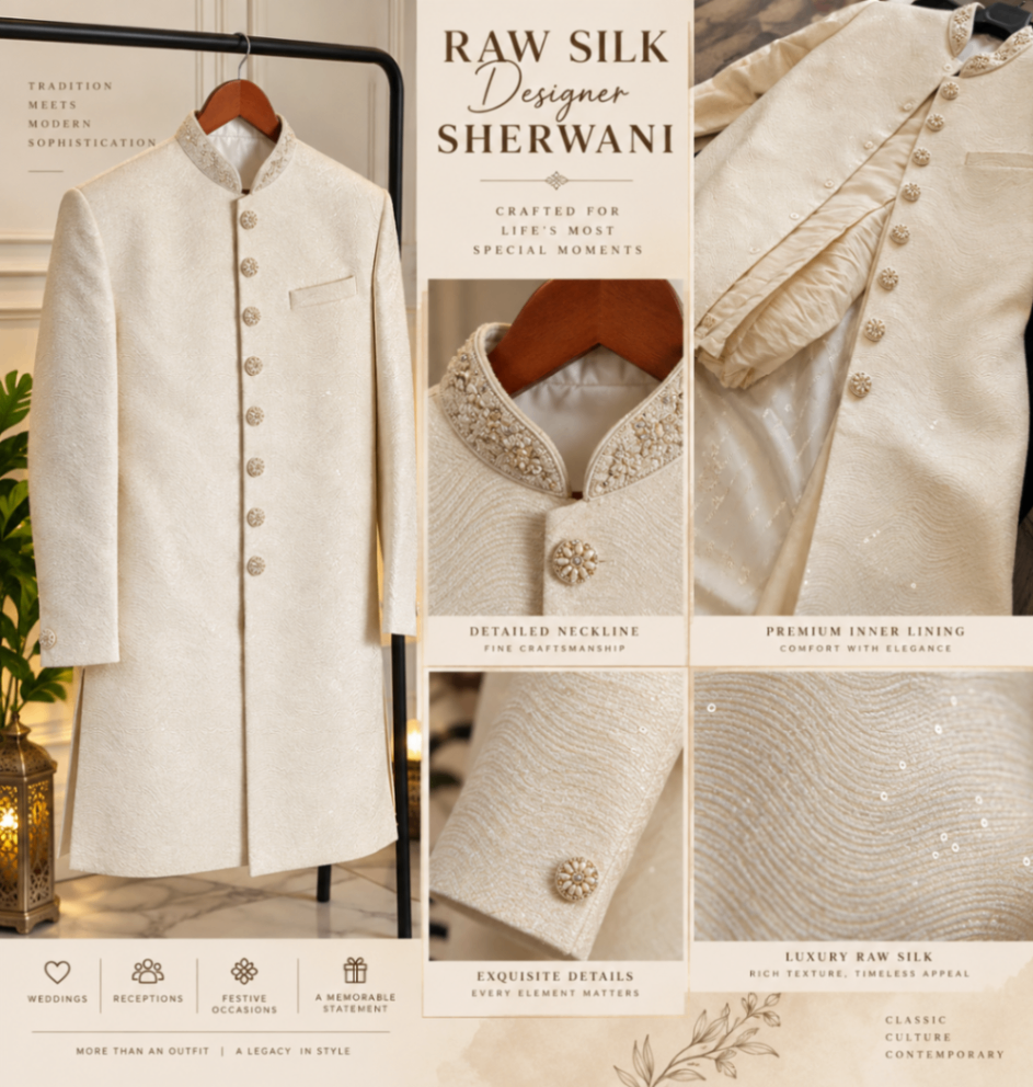 Designer Off-White Sherwani Set – Elegant & Premium — pre-loved Indian Festival & Wedding Wear on Slayyitt