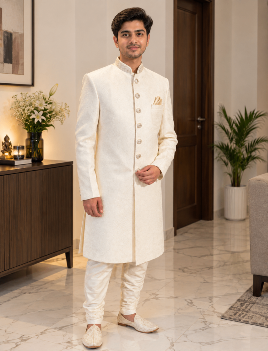 Designer Off-White Sherwani Set – Elegant & Premium — pre-loved Indian Festival & Wedding Wear on Slayyitt