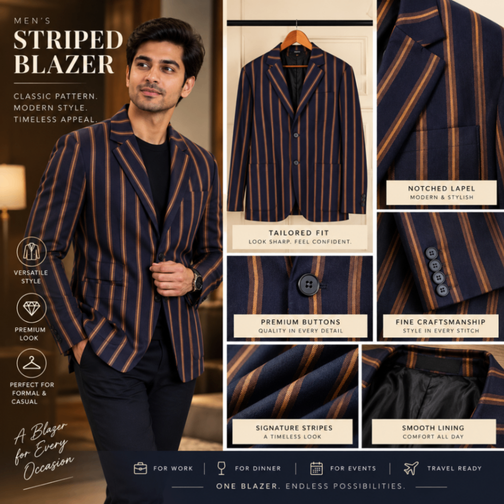 Designer Navy Blue Striped Blazer – Premium Look | Excellent Condition — pre-loved Outerwear on Slayyitt