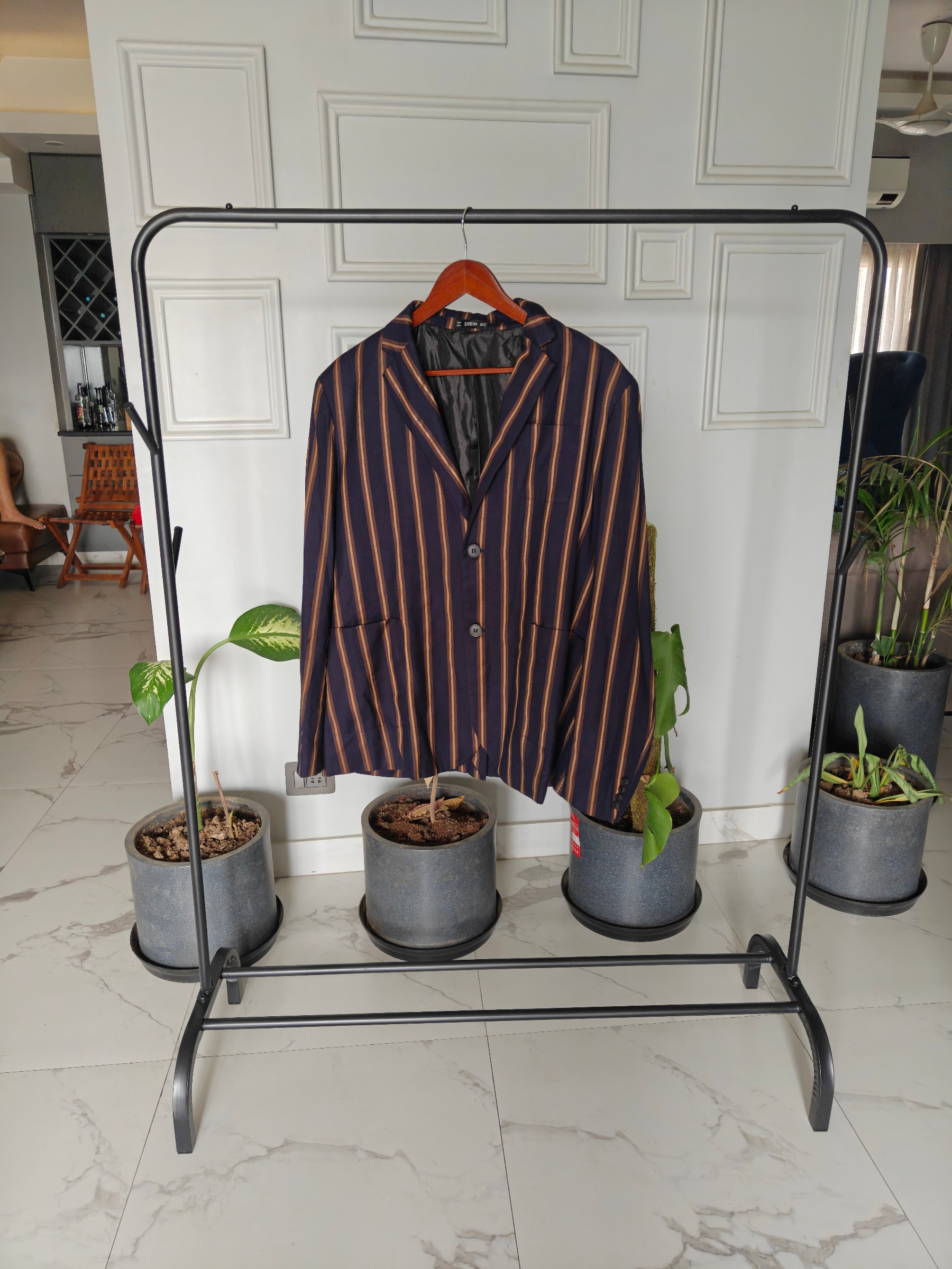 Designer Navy Blue Striped Blazer – Premium Look | Excellent Condition — pre-loved Outerwear on Slayyitt