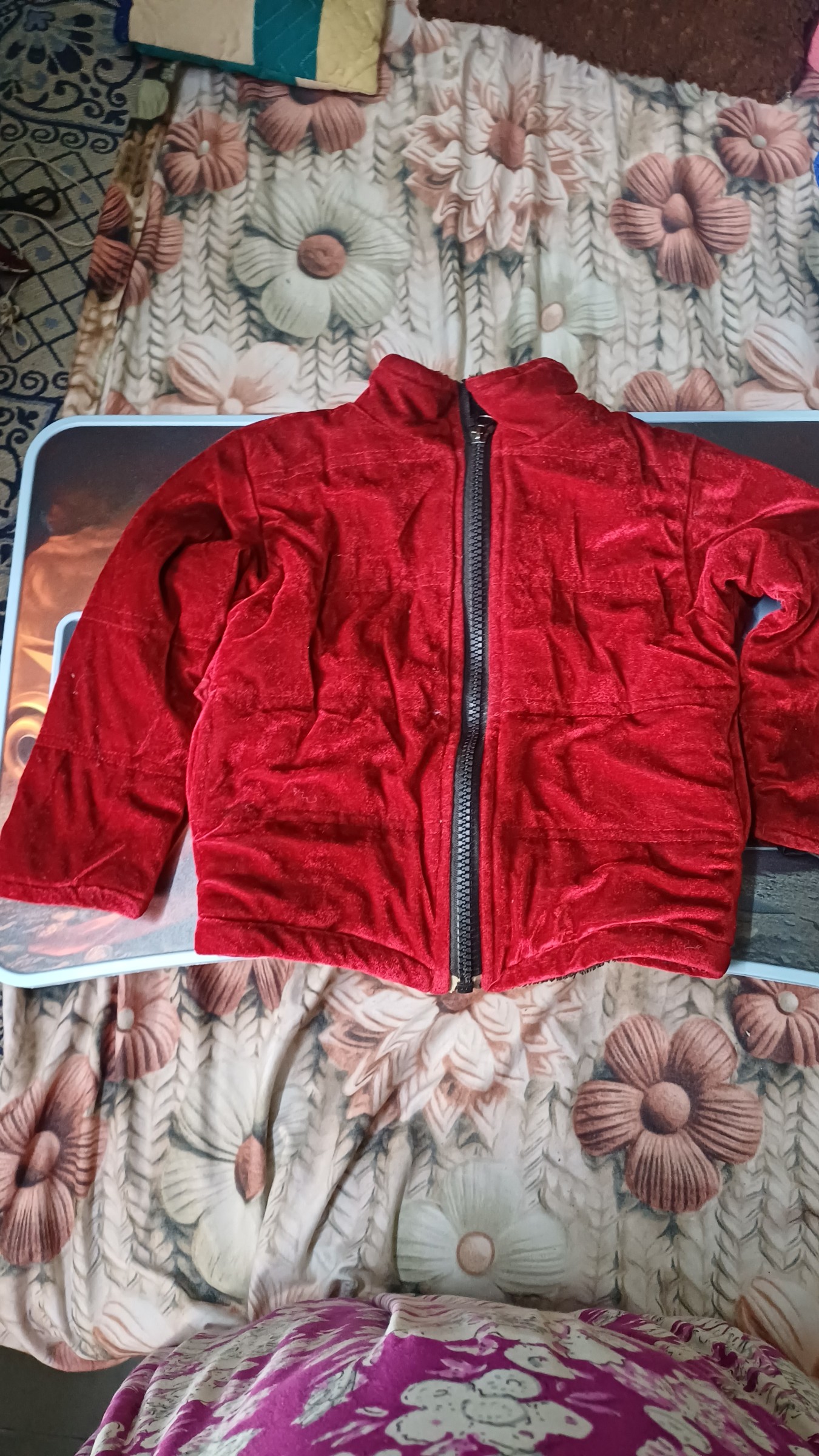 Premium Red Velvet Winter Jacket with Warm Black Inner LiningStylish Red Velour Quilted Jacket for Women - Super Soft & Warm — pre-loved Outerwear on Slayyitt