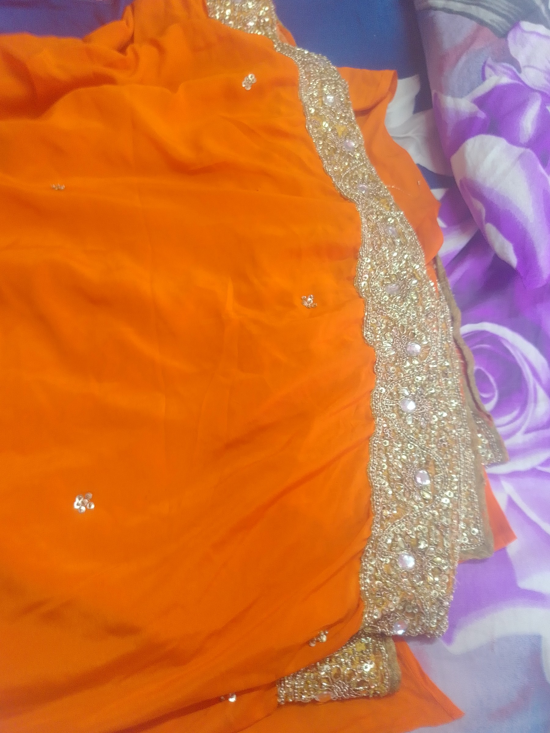 Premium Tangerine Orange Saree in High-Quality Pure Chiffon / Georgette with Gold Sequin & Mirror Work — pre-loved Indian Festival & Wedding Wear on Slayyitt
