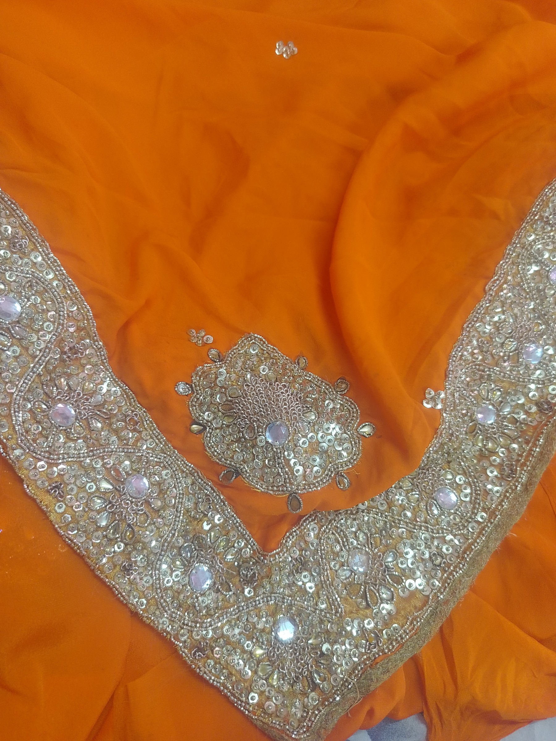 Premium Tangerine Orange Saree in High-Quality Pure Chiffon / Georgette with Gold Sequin & Mirror Work — pre-loved Indian Festival & Wedding Wear on Slayyitt