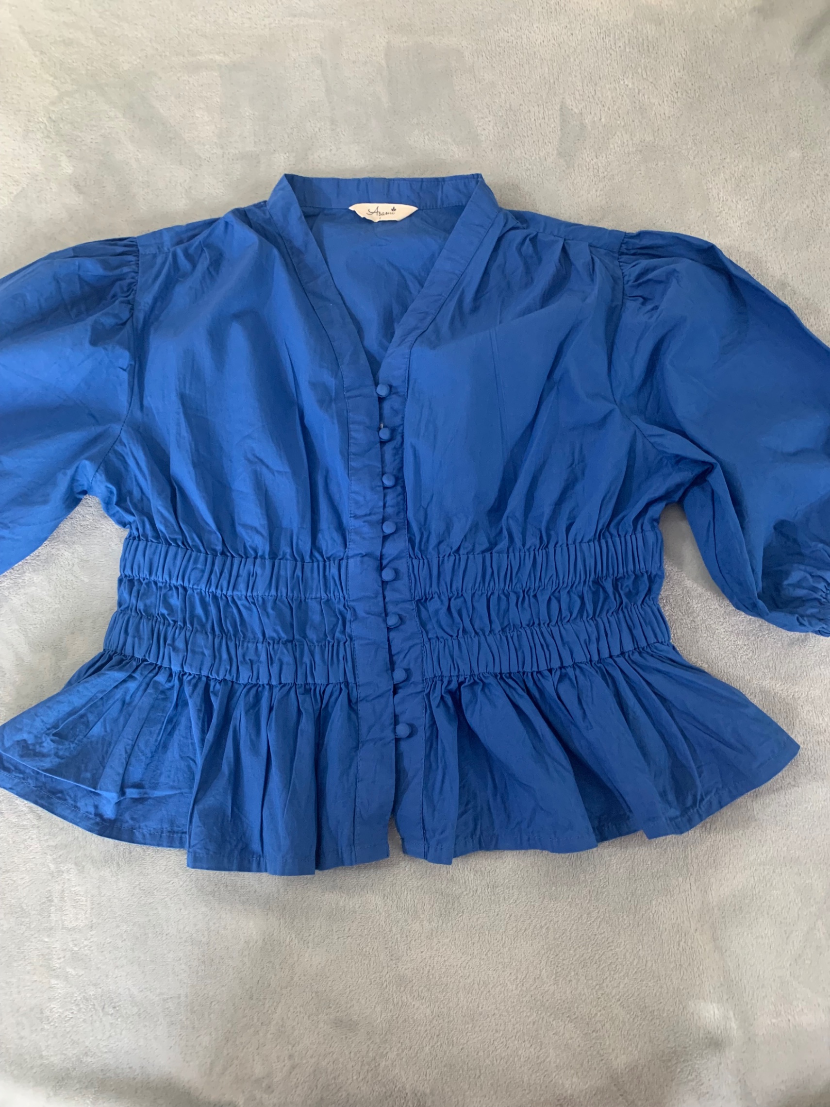 Blue Ruched balloon Sleeve Top, L size — pre-loved Tops on Slayyitt