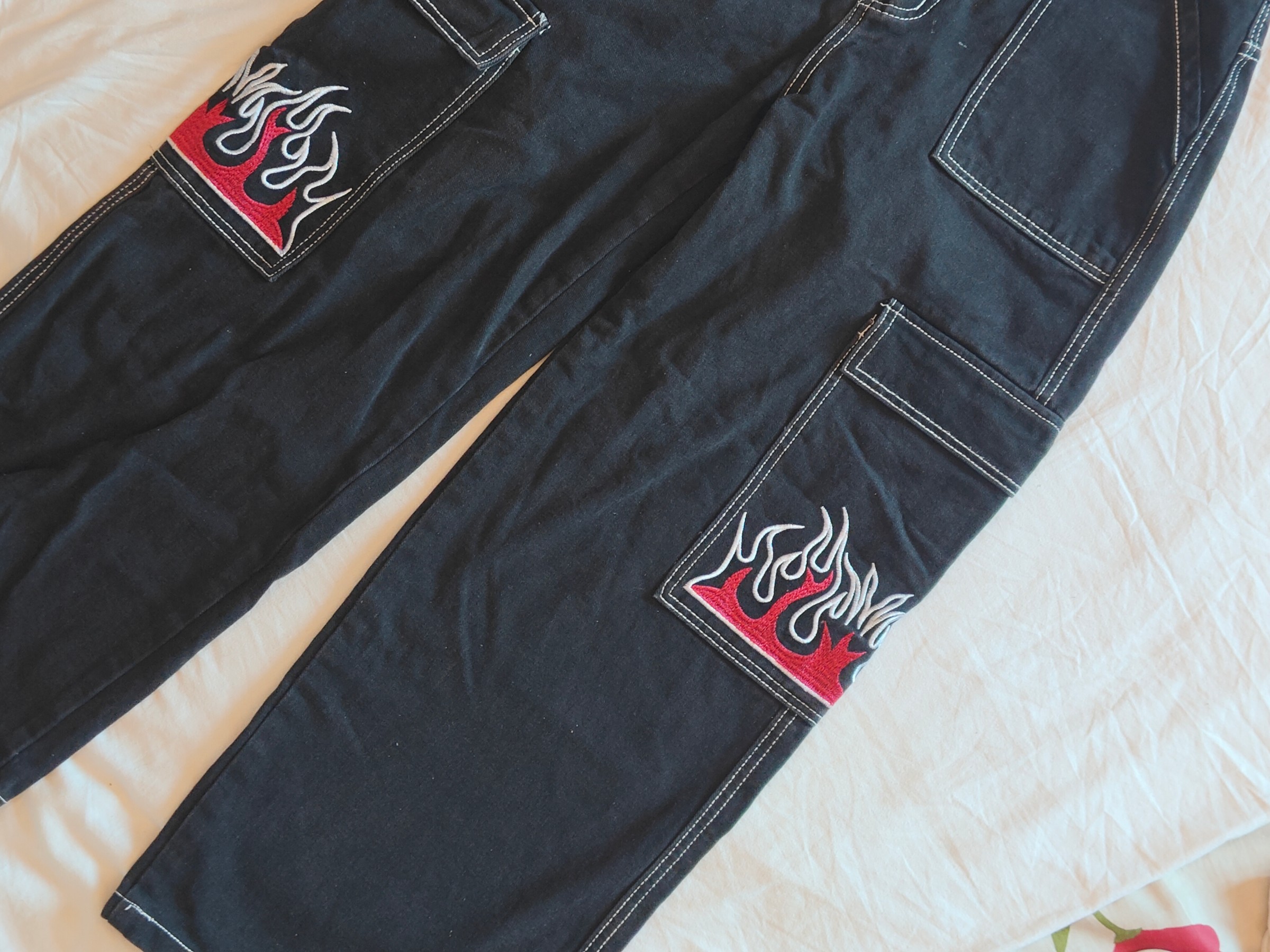 ❤️‍🔥urbanic black wide-leg cargo pants with red flame embroidery. — pre-loved Bottoms on Slayyitt