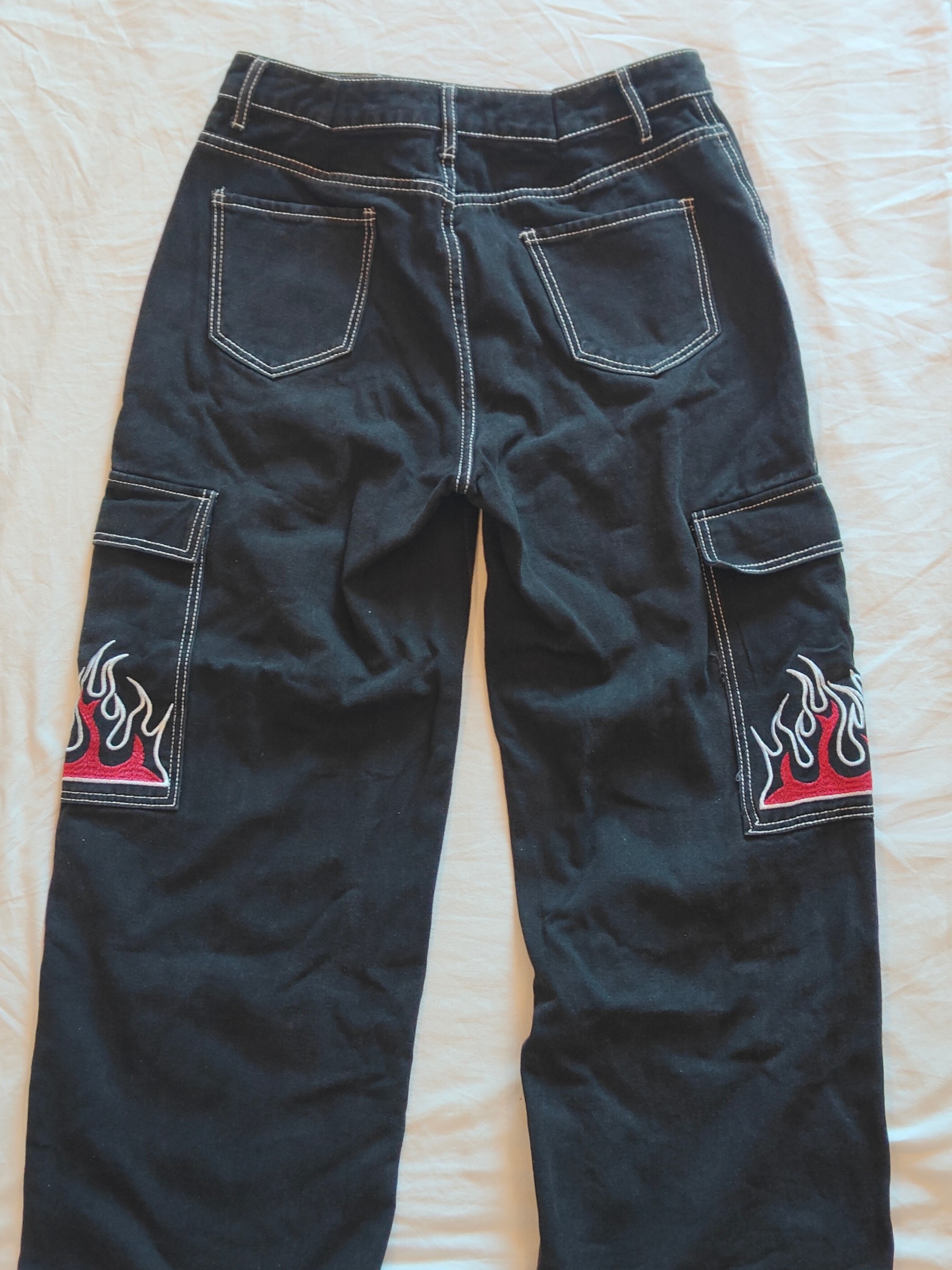 ❤️‍🔥urbanic black wide-leg cargo pants with red flame embroidery. — pre-loved Bottoms on Slayyitt