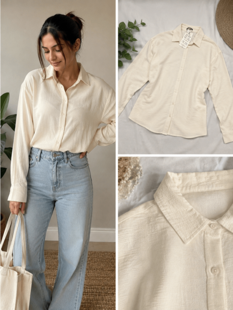Cream Textured Full-Sleeve Button-Down Top | Brand New with Tag — pre-loved Tops on Slayyitt