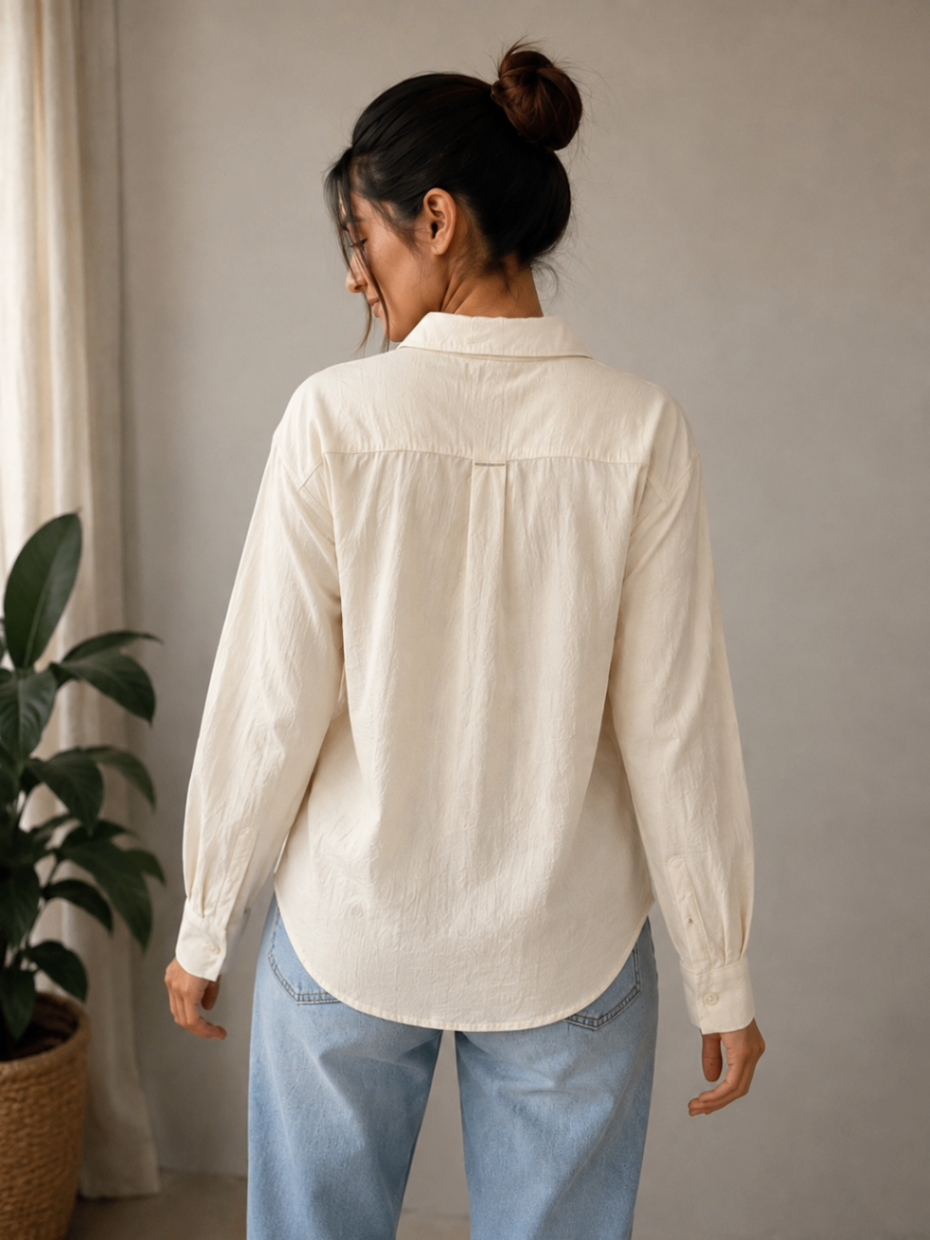 Cream Textured Full-Sleeve Button-Down Top | Brand New with Tag — pre-loved Tops on Slayyitt