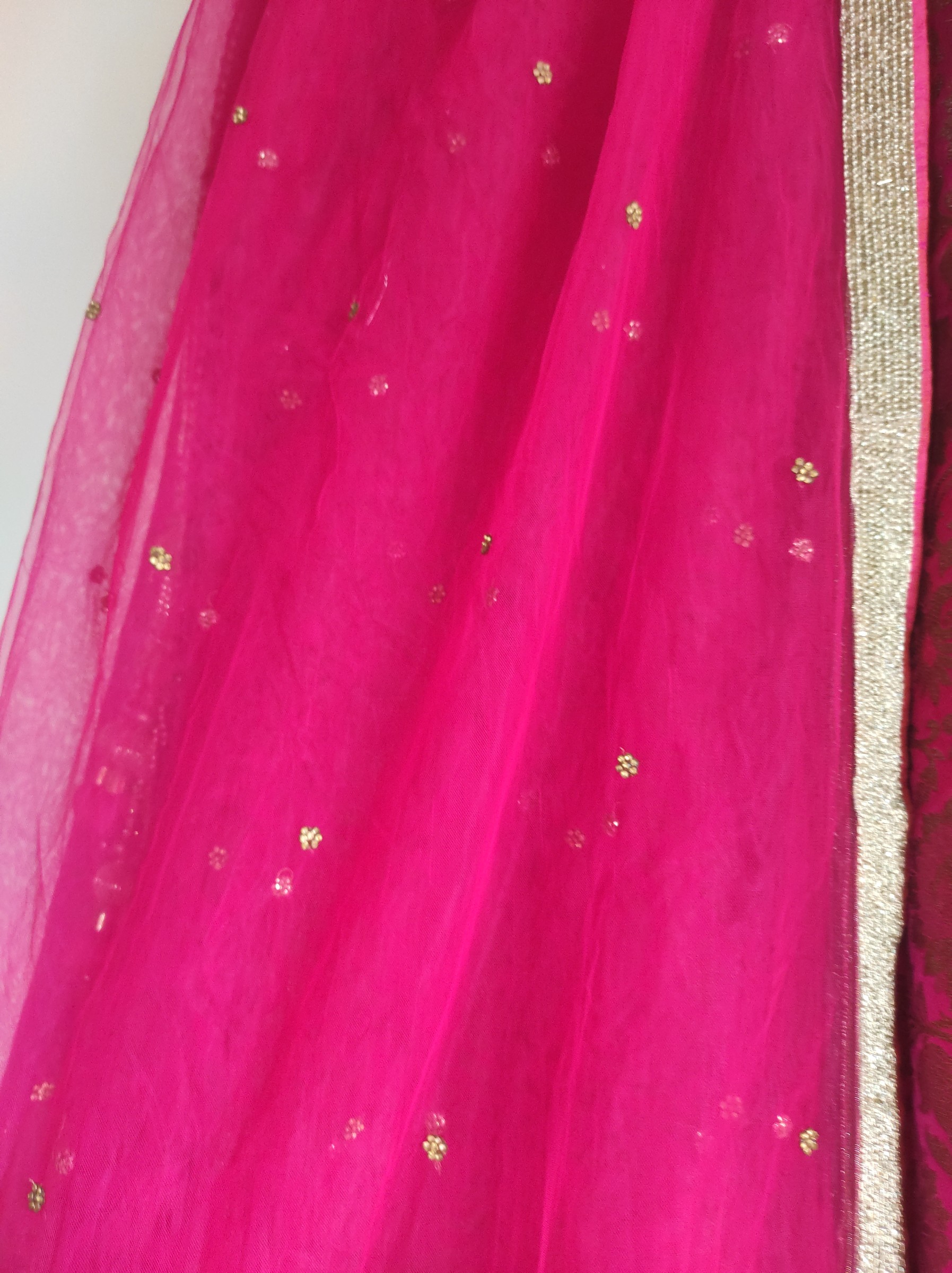 Rani Pink & Gold Designer-Style Lehenga with Dupatta – Pre-Loved — pre-loved Indian Festival & Wedding Wear on Slayyitt