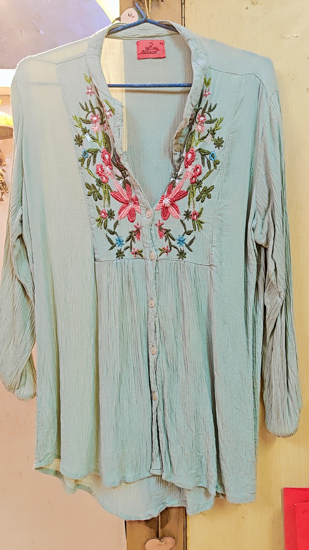 Beautiful Crushed Pista Green Embroidery Top — pre-loved Tops on Slayyitt
