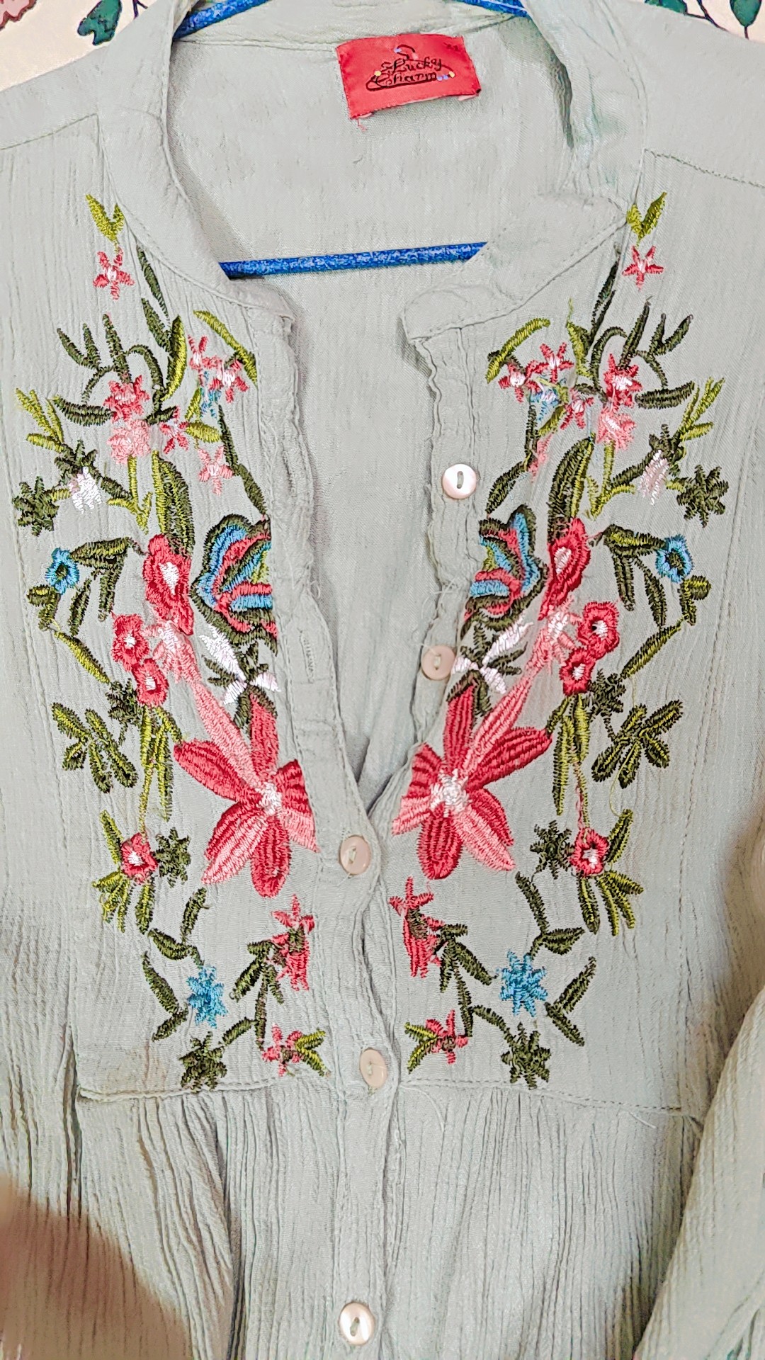 Beautiful Crushed Pista Green Embroidery Top — pre-loved Tops on Slayyitt