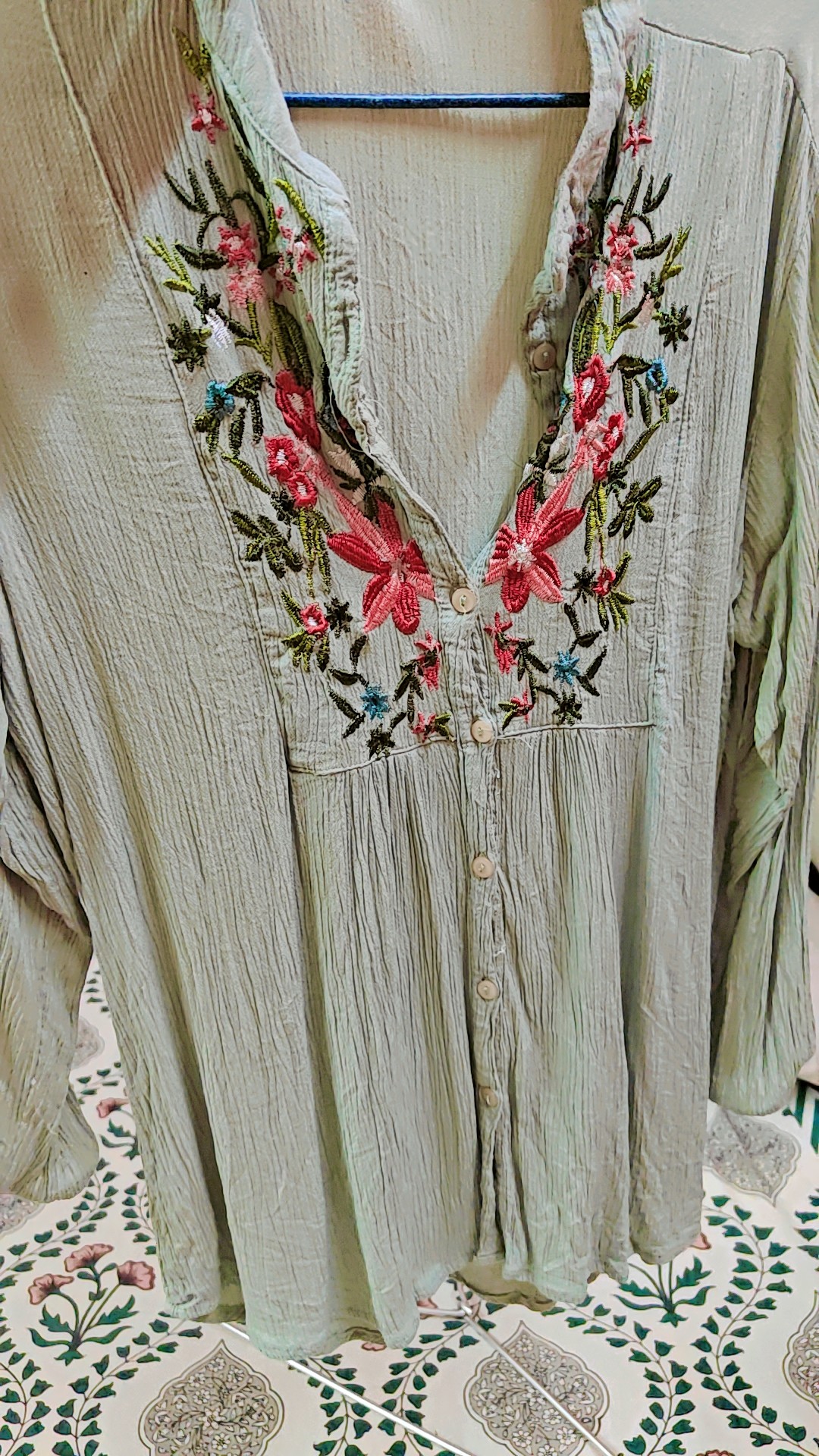 Beautiful Crushed Pista Green Embroidery Top — pre-loved Tops on Slayyitt