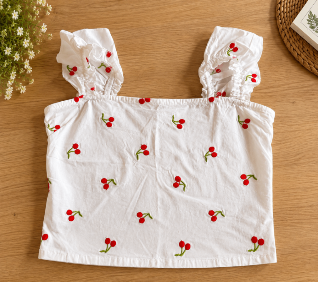 White Cherry Embroidered Crop Top- Size S — pre-loved Tops on Slayyitt