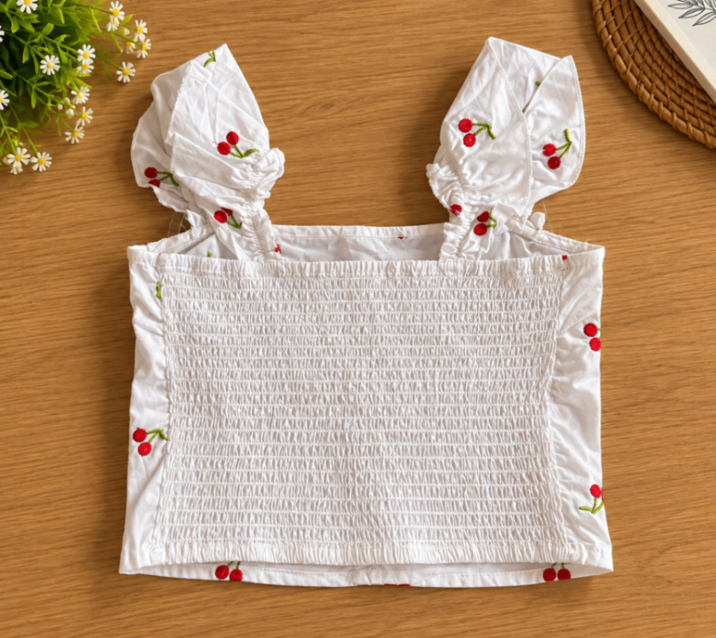 White Cherry Embroidered Crop Top- Size S — pre-loved Tops on Slayyitt