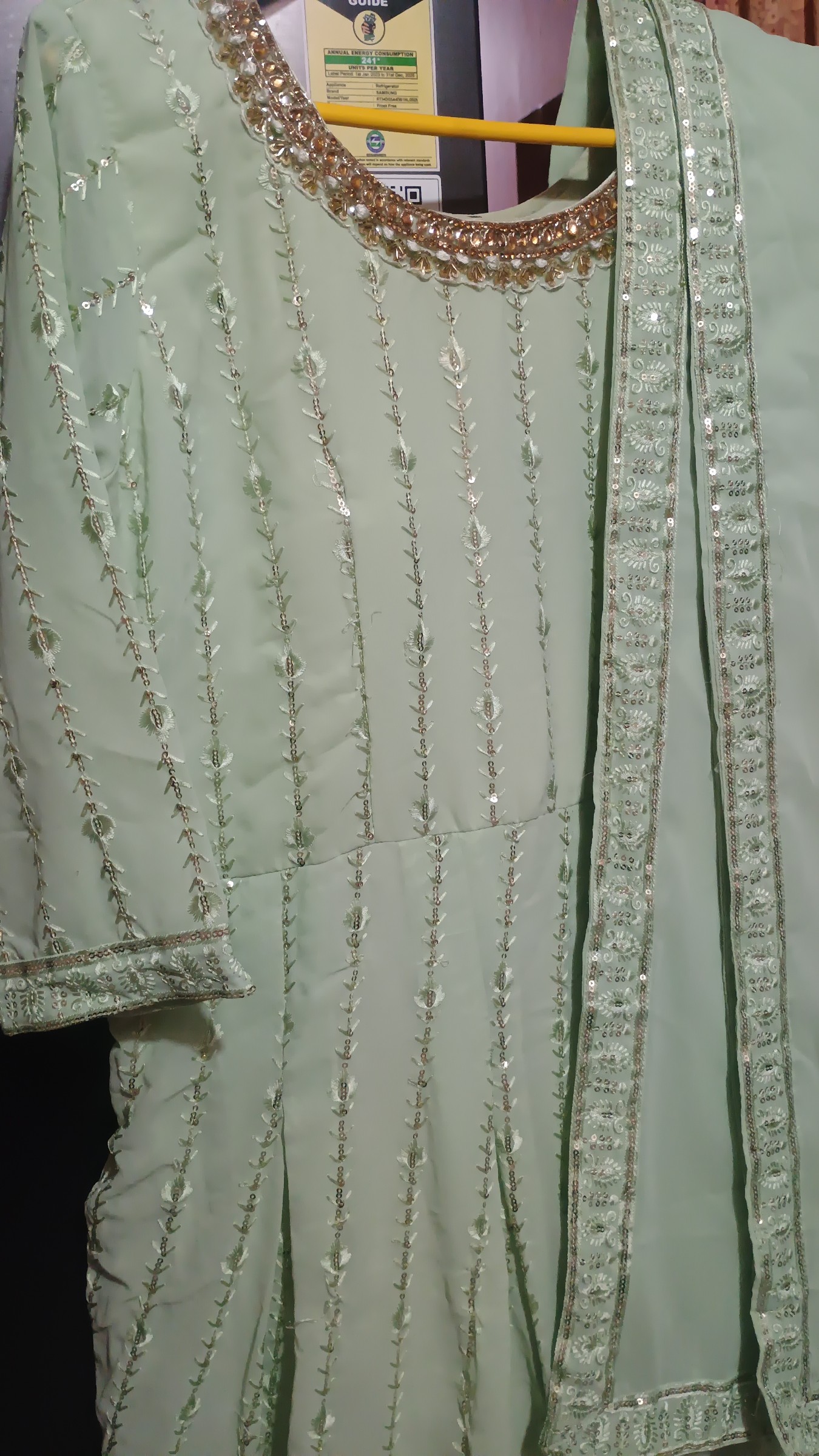 Elegant Mint Green Sequined Anarkali Dress — pre-loved Ethnic Wear on Slayyitt