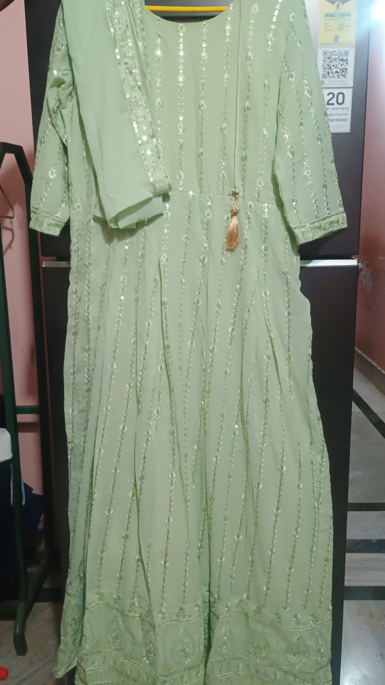 Elegant Mint Green Sequined Anarkali Dress — pre-loved Ethnic Wear on Slayyitt