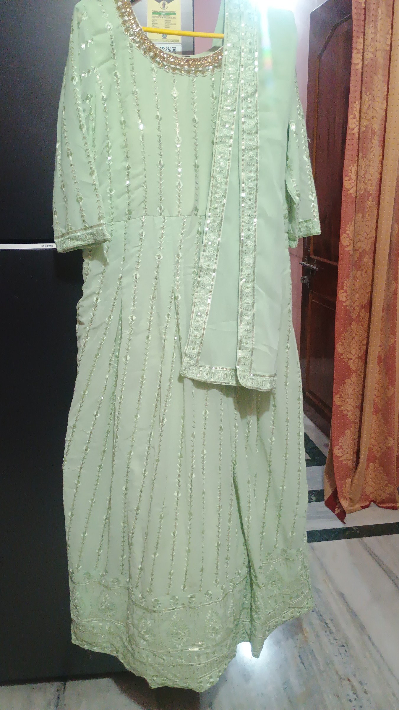 Elegant Mint Green Sequined Anarkali Dress — pre-loved Ethnic Wear on Slayyitt